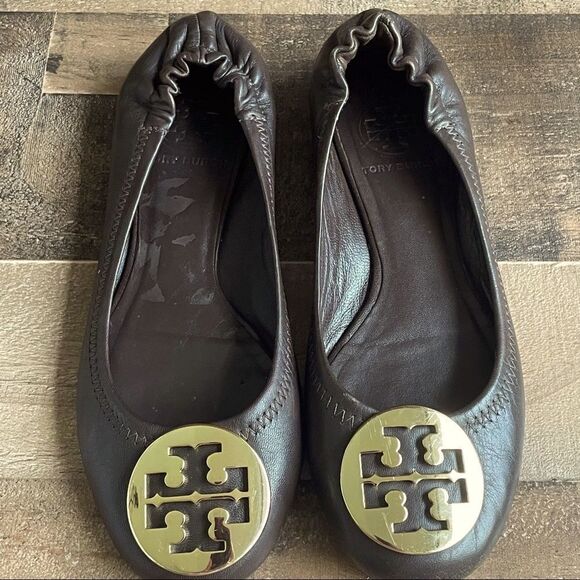 Tory Burch Mini Leather Travel Dark Brown and Gold Ballet Flats Size 5.5M - Picture 8 of 10